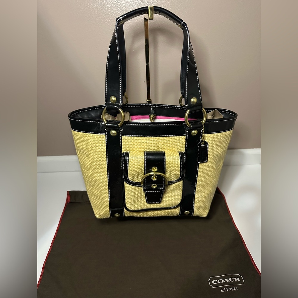 Coach Black and Natural Straw Tote Shoulder Bag - Picture 15 of 15